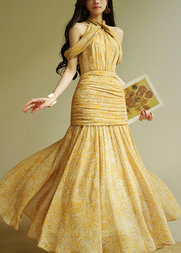 Stylish Yellow Cold Shoulder Print Wrinkled Cotton Long Dresses Sleeveless