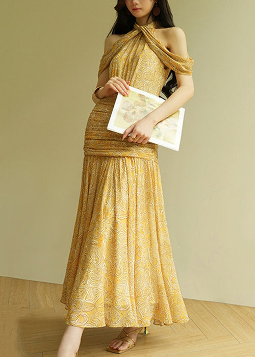 Stylish Yellow Cold Shoulder Print Wrinkled Cotton Long Dresses Sleeveless