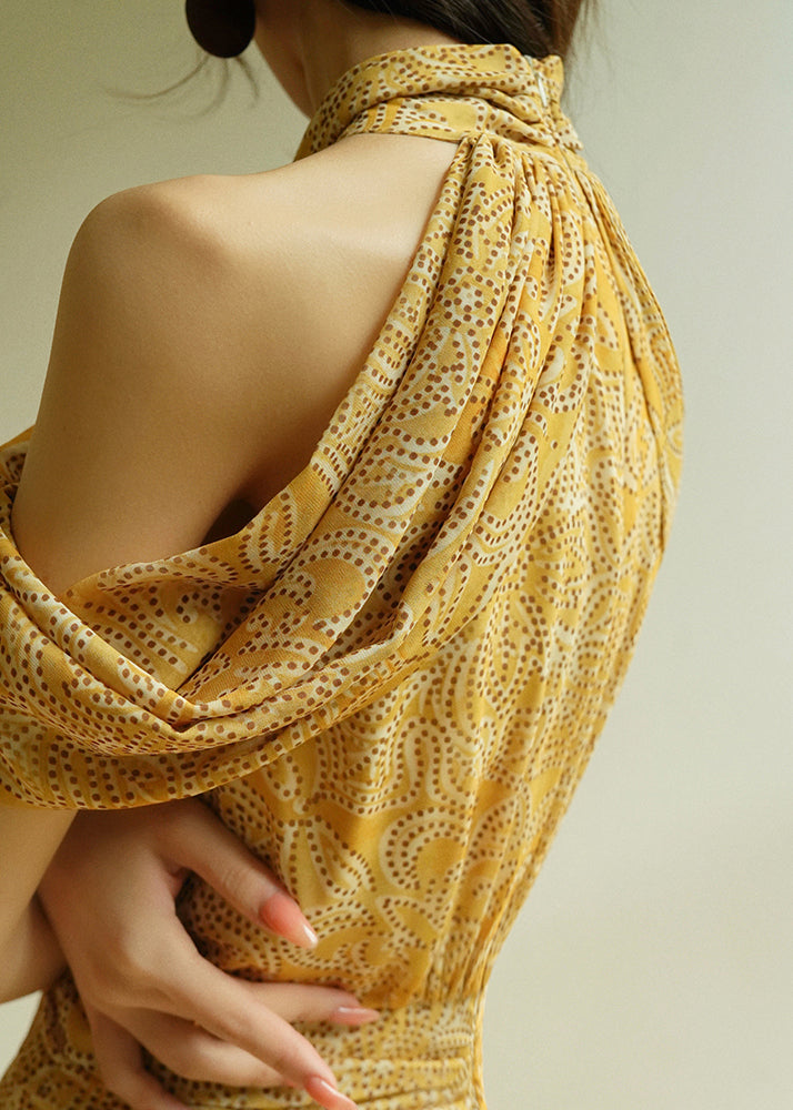 Stylish Yellow Cold Shoulder Print Wrinkled Cotton Long Dresses Sleeveless