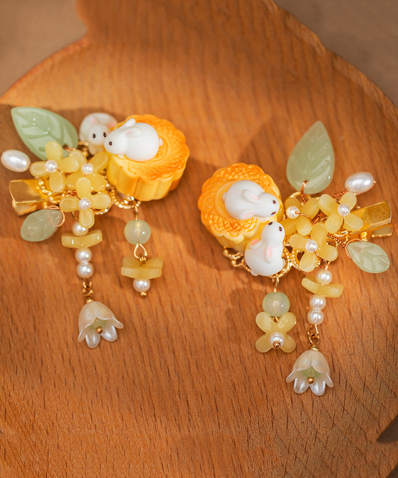 Stylish Yellow Copper Alloy Pearl Resin Tassel Kids A Pair Hairpin