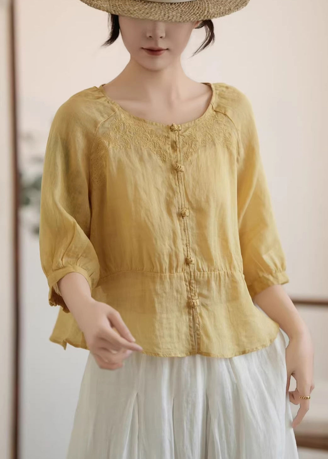 Stylish Yellow Embroidered Chinese Button Linen Top Summer
