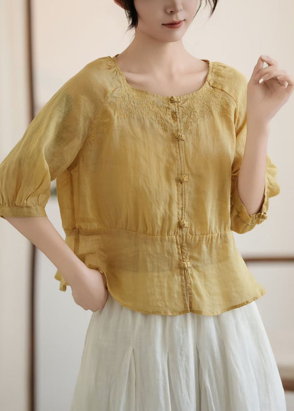 Stylish Yellow Embroidered Chinese Button Linen Top Summer