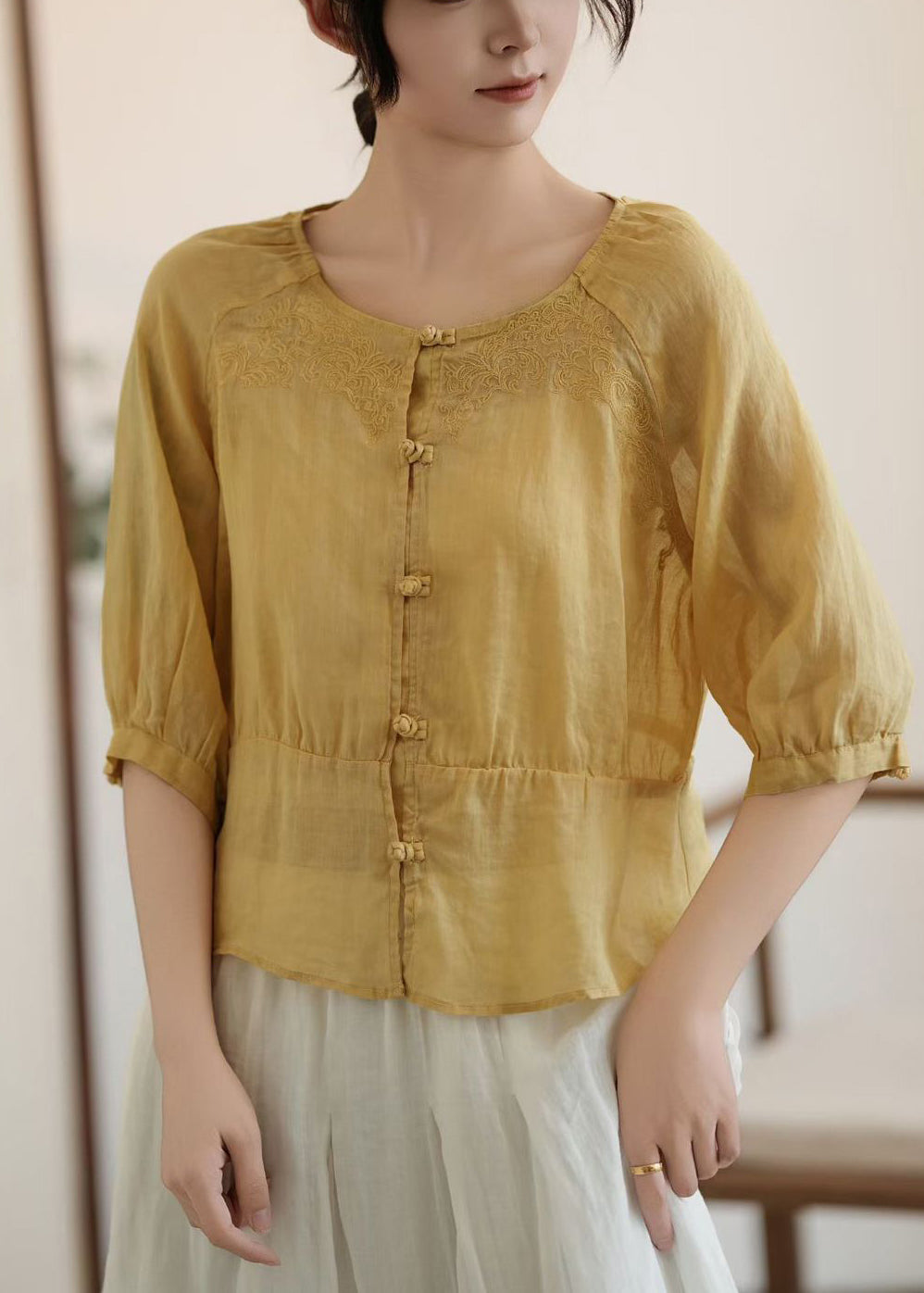 Stylish Yellow Embroidered Chinese Button Linen Top Summer