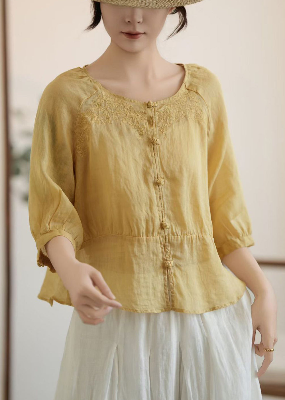 Stylish Yellow Embroidered Chinese Button Linen Top Summer