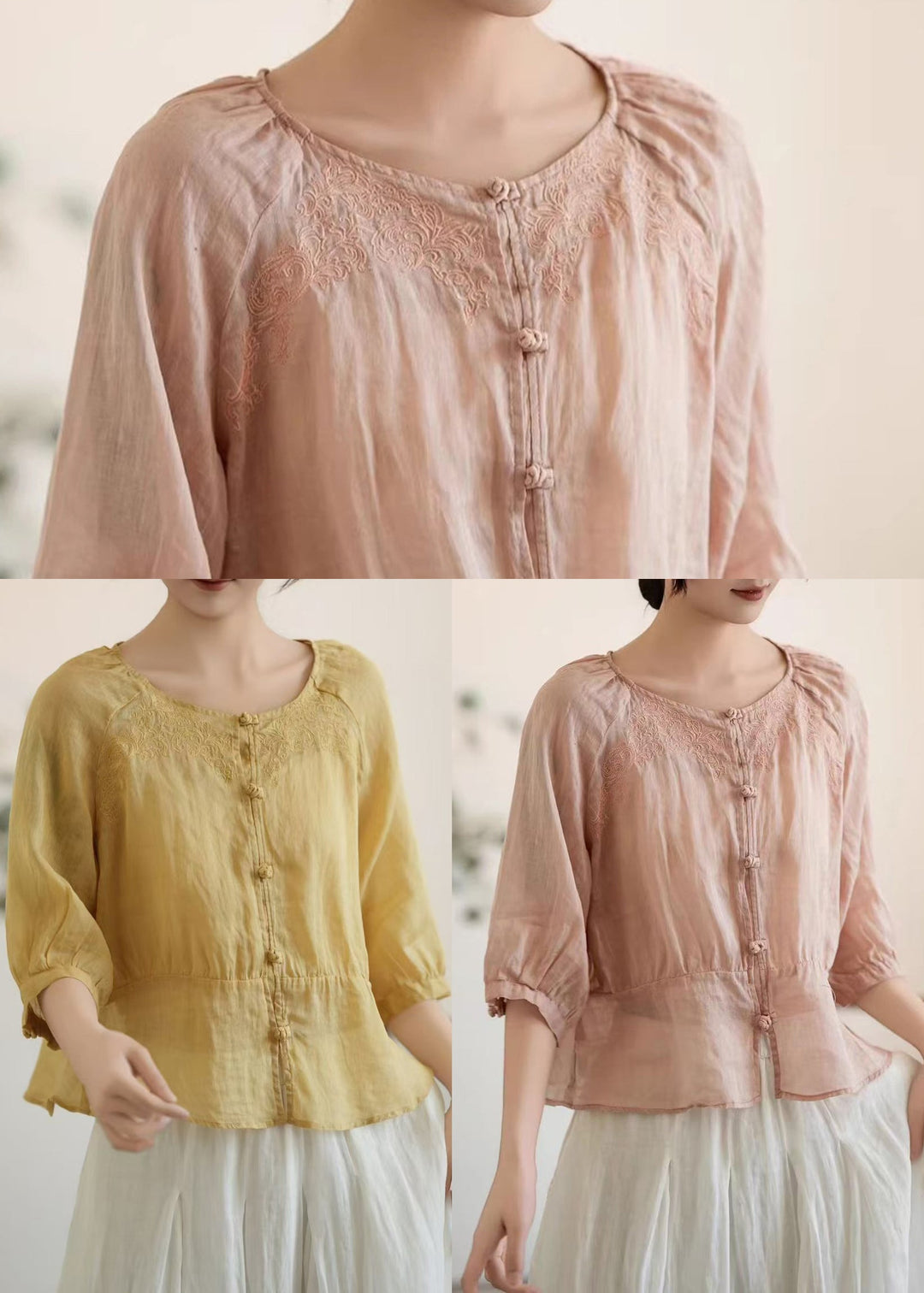 Stylish Yellow Embroidered Chinese Button Linen Top Summer