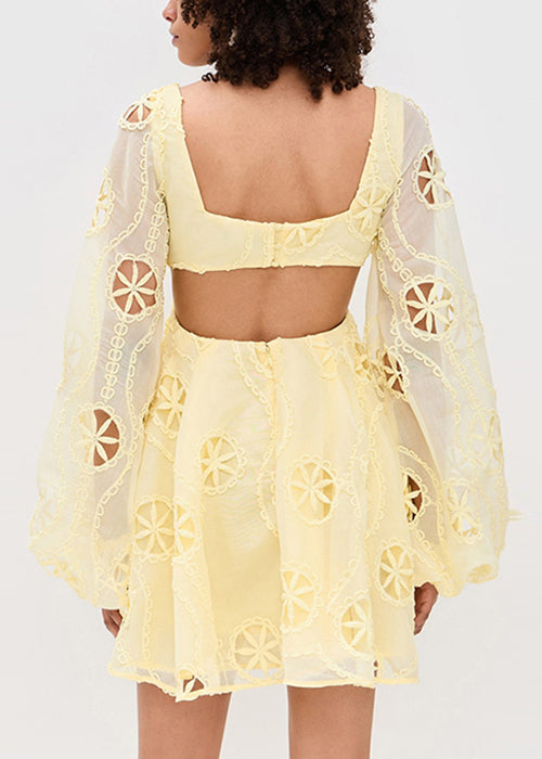 Stylish Yellow Embroidered Hollow Out Cotton Mini Dress Lantern Sleeve