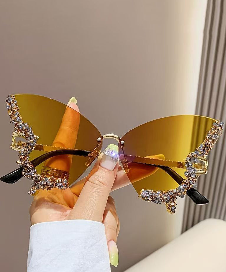 Stylish Yellow Metal Zircon Butterfly Sunglasses