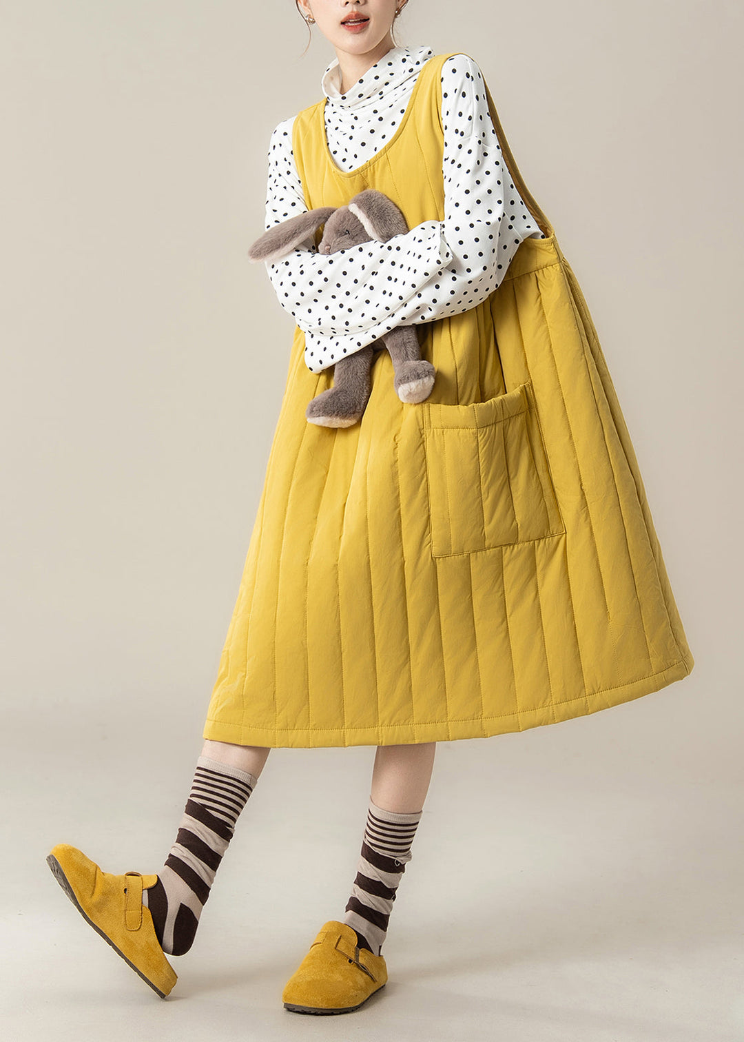 Stylish Yellow Oversized Pocket Fine Cotton Filled Dress Winter