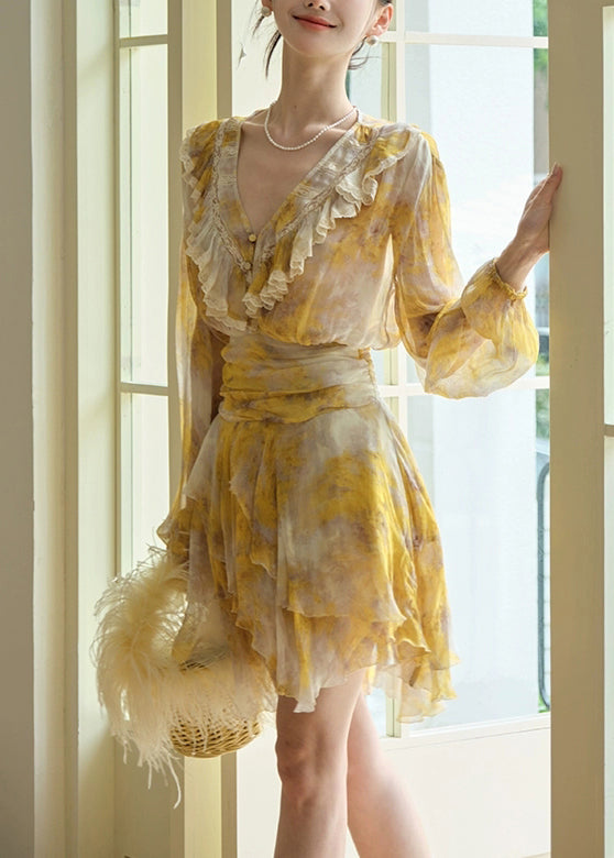 Stylish Yellow Ruffled Lace Print Chiffon Mid Dress Fall