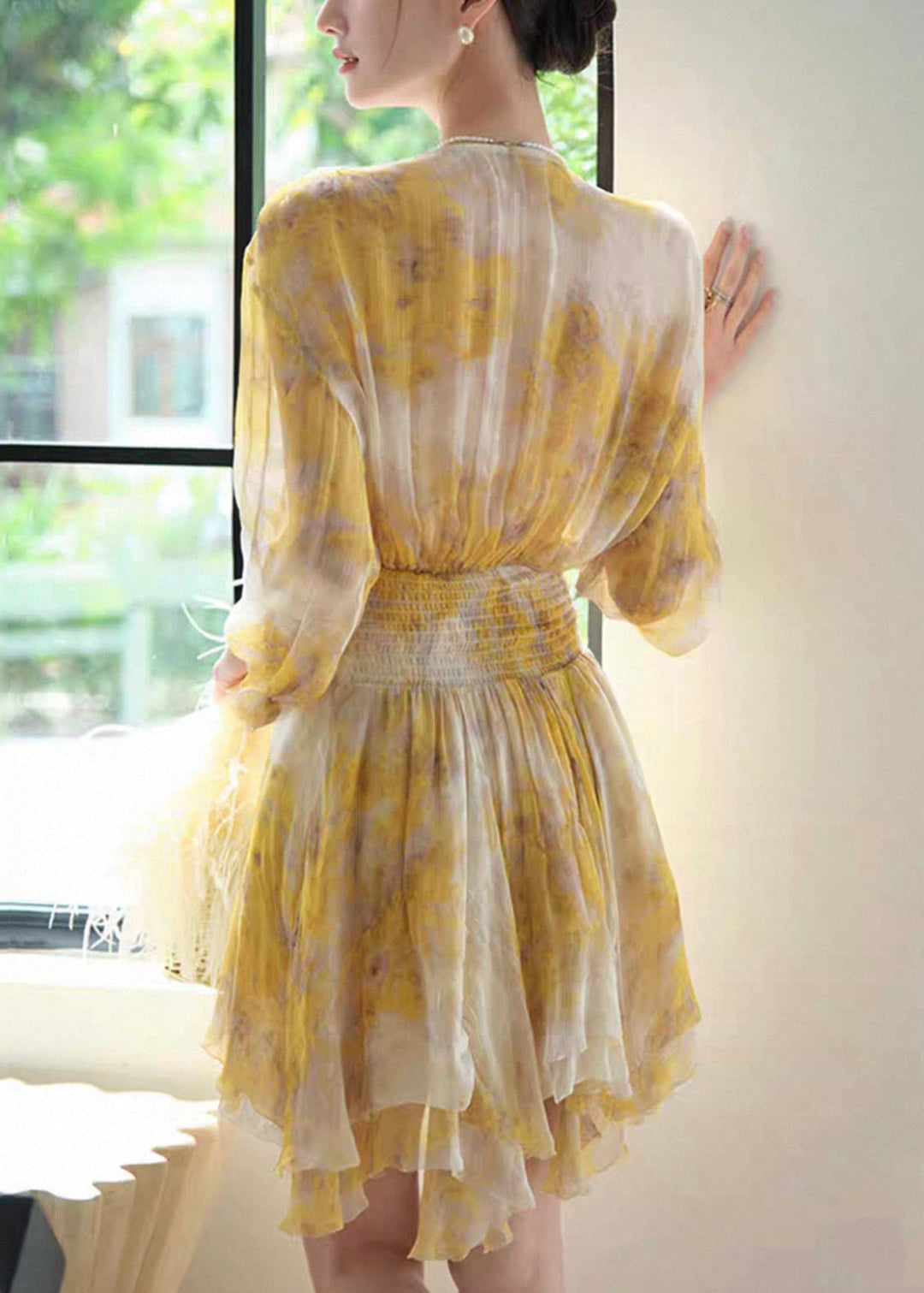 Stylish Yellow Ruffled Lace Print Chiffon Mid Dress Fall