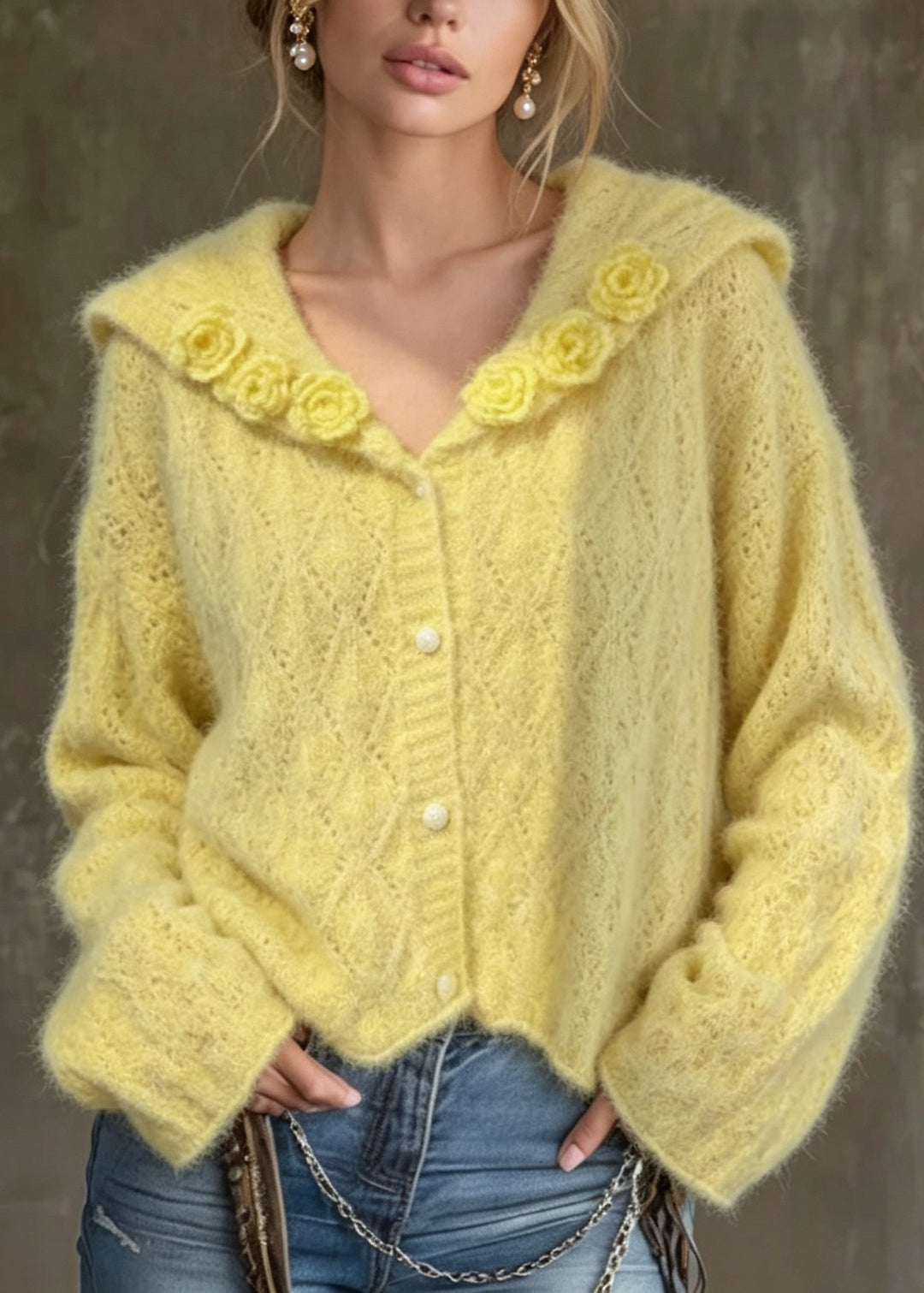 Stylish Yellow Sailor Collar Floral Knit Cardigan Fall