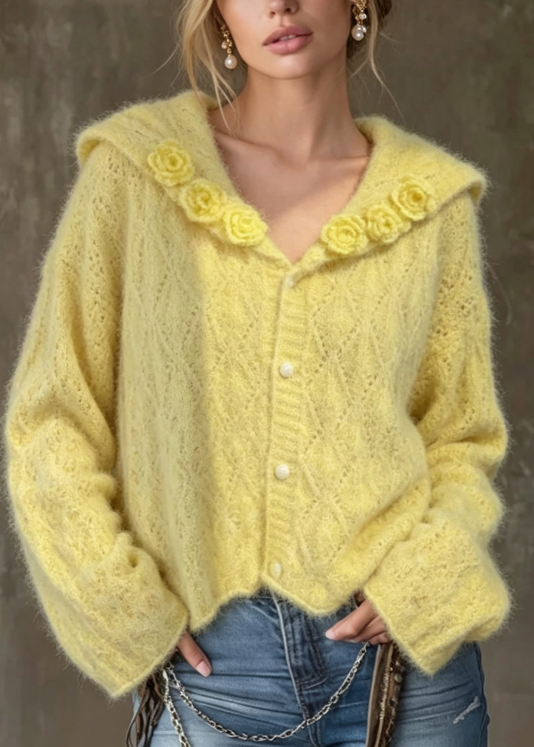 Stylish Yellow Sailor Collar Floral Knit Cardigan Fall