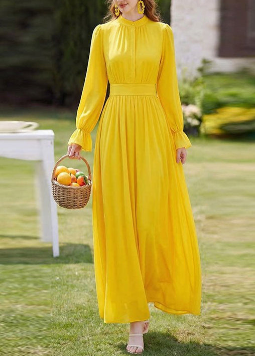 Stylish Yellow Stand Collar Patchwork Chiffon Dresses Long Sleeve