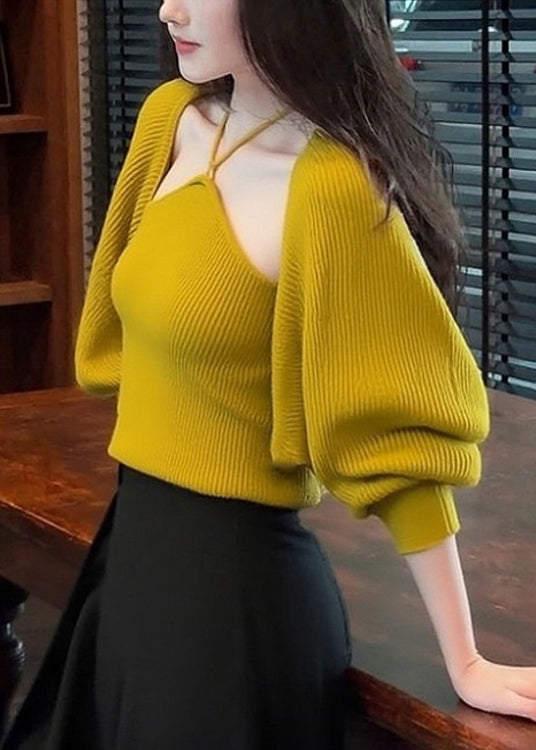 Stylish Yellow V Neck Lace Up Cardigan And Tank Knit Two Pieces Set Spring