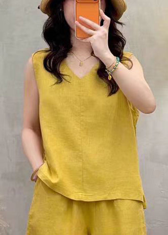 Stylish Yellow V Neck Linen Tops Sleeveless
