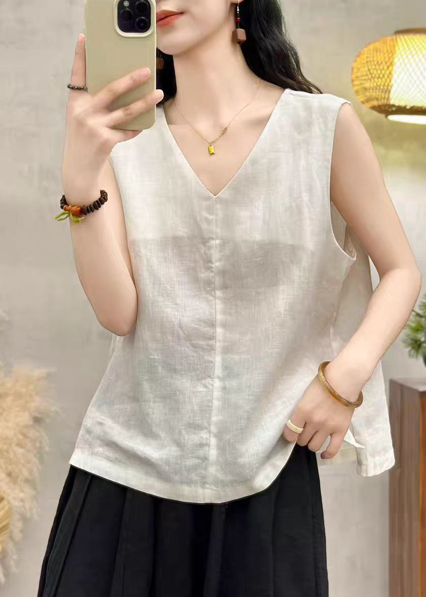 Stylish Yellow V Neck Linen Tops Sleeveless