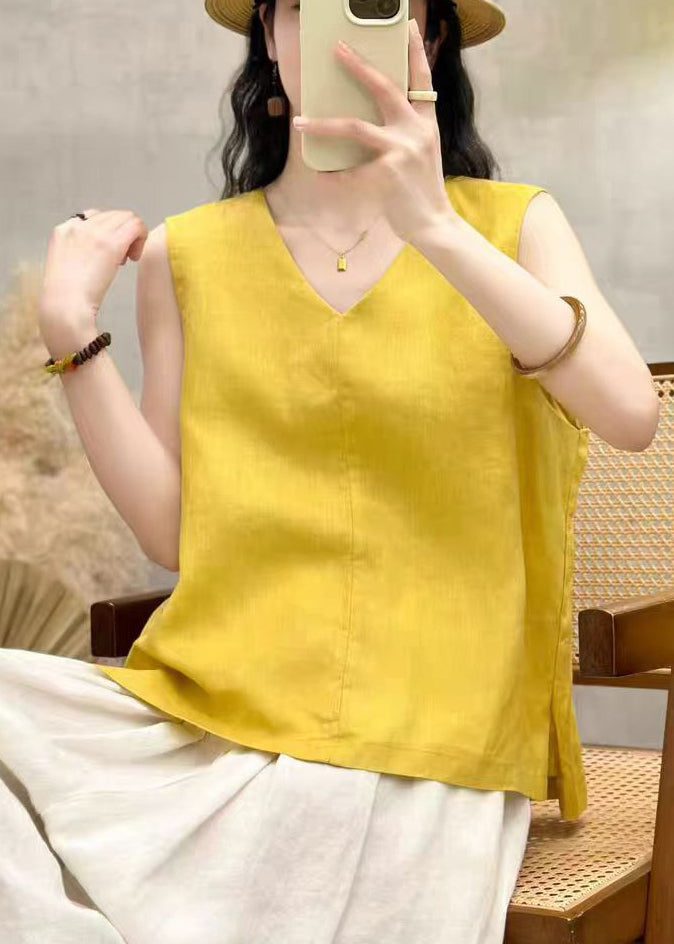 Stylish Yellow V Neck Linen Tops Sleeveless