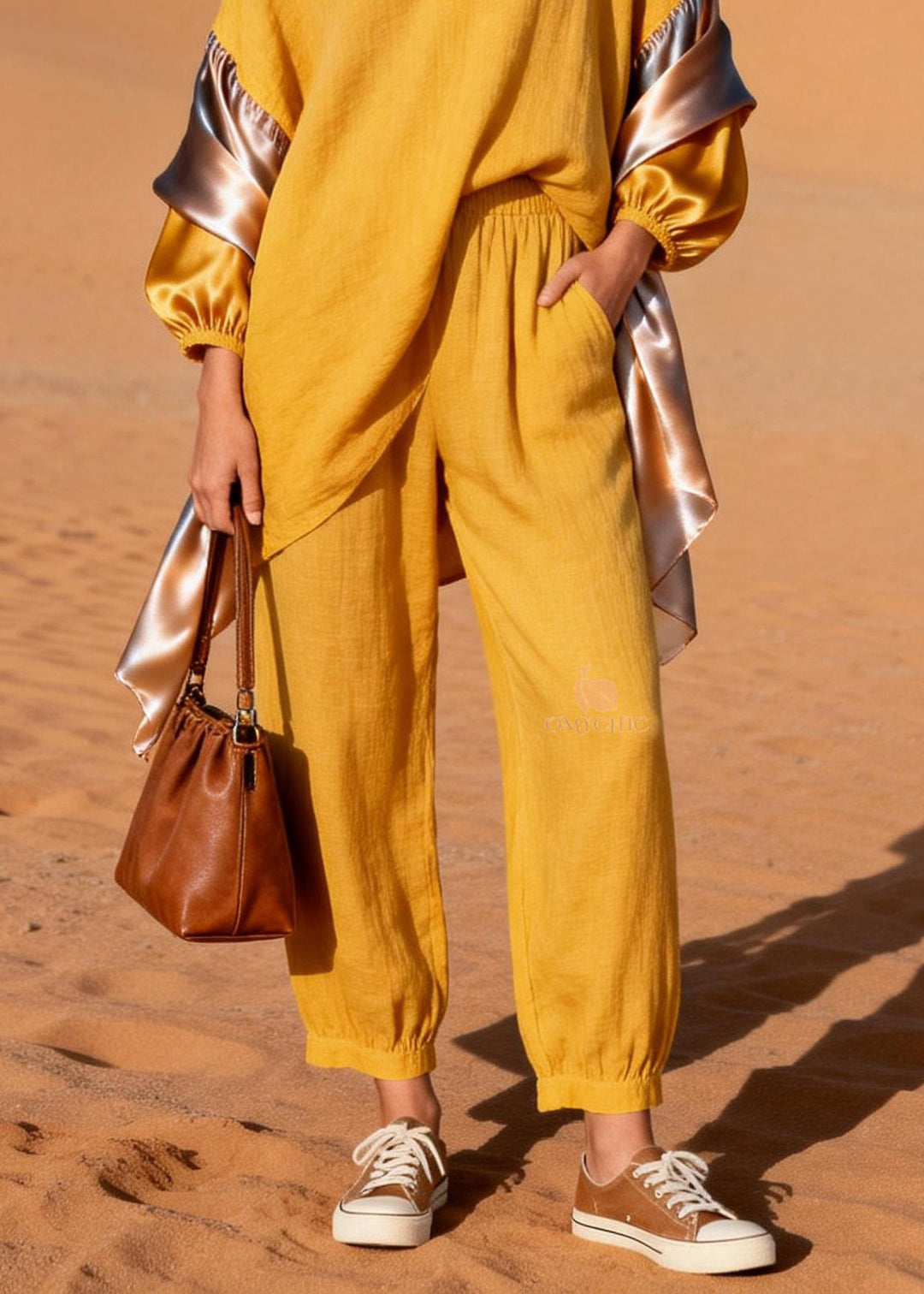 Stylish Yellow V Neck Patchwork Linen Silk Two Pieces Set Spring