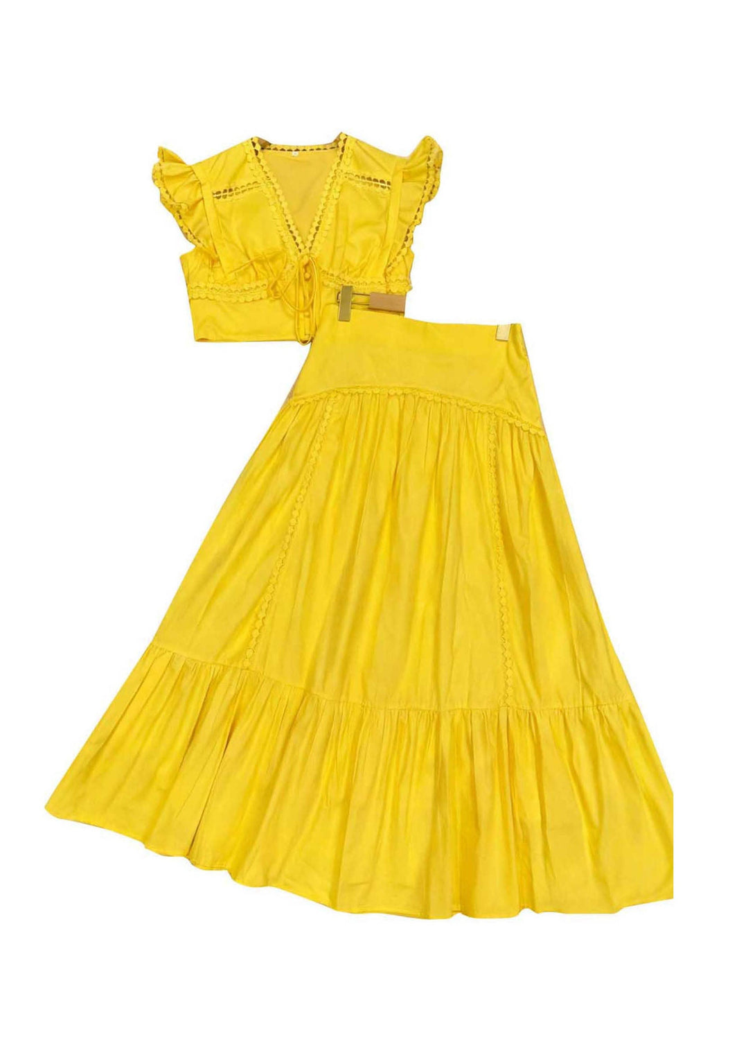Stylish Yellow V Neck Patchwork Top And Skirts Cotton Two-Piece Set Summer