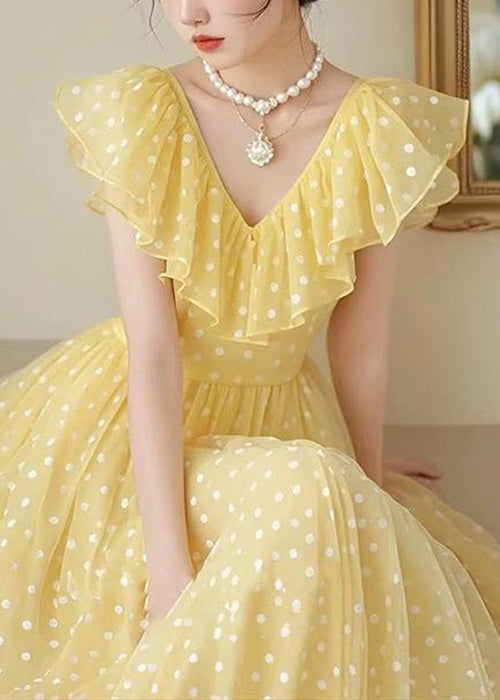 Stylish Yellow V Neck Ruffled Print Chiffon Long Dress Summer