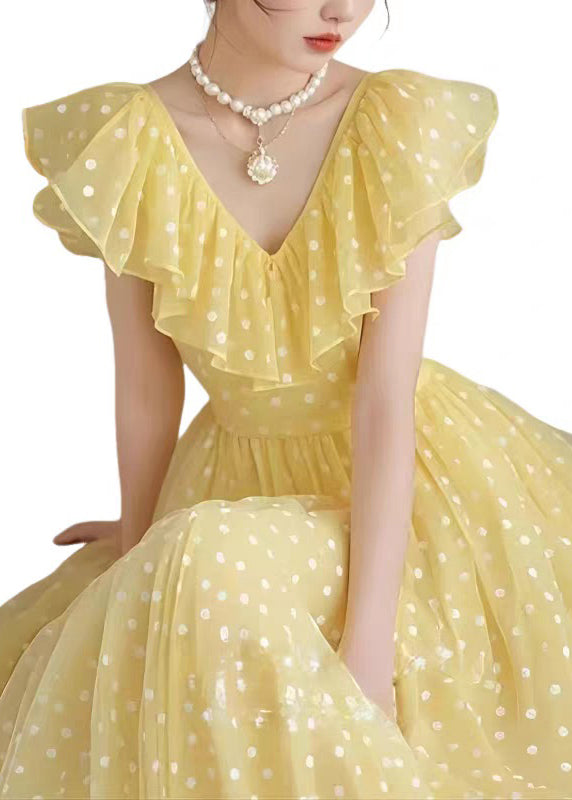 Stylish Yellow V Neck Ruffled Print Chiffon Long Dress Summer
