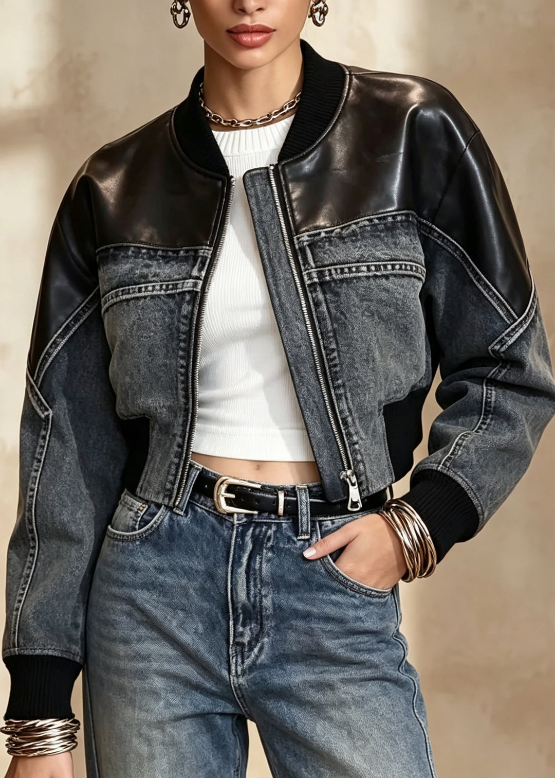 Stylish Zip Up Faux Leather Patchwork Denim Short Coats Fall