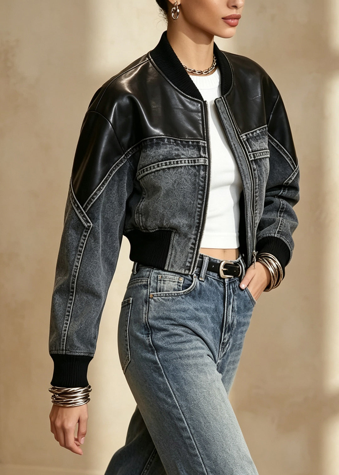 Stylish Zip Up Faux Leather Patchwork Denim Short Coats Fall
