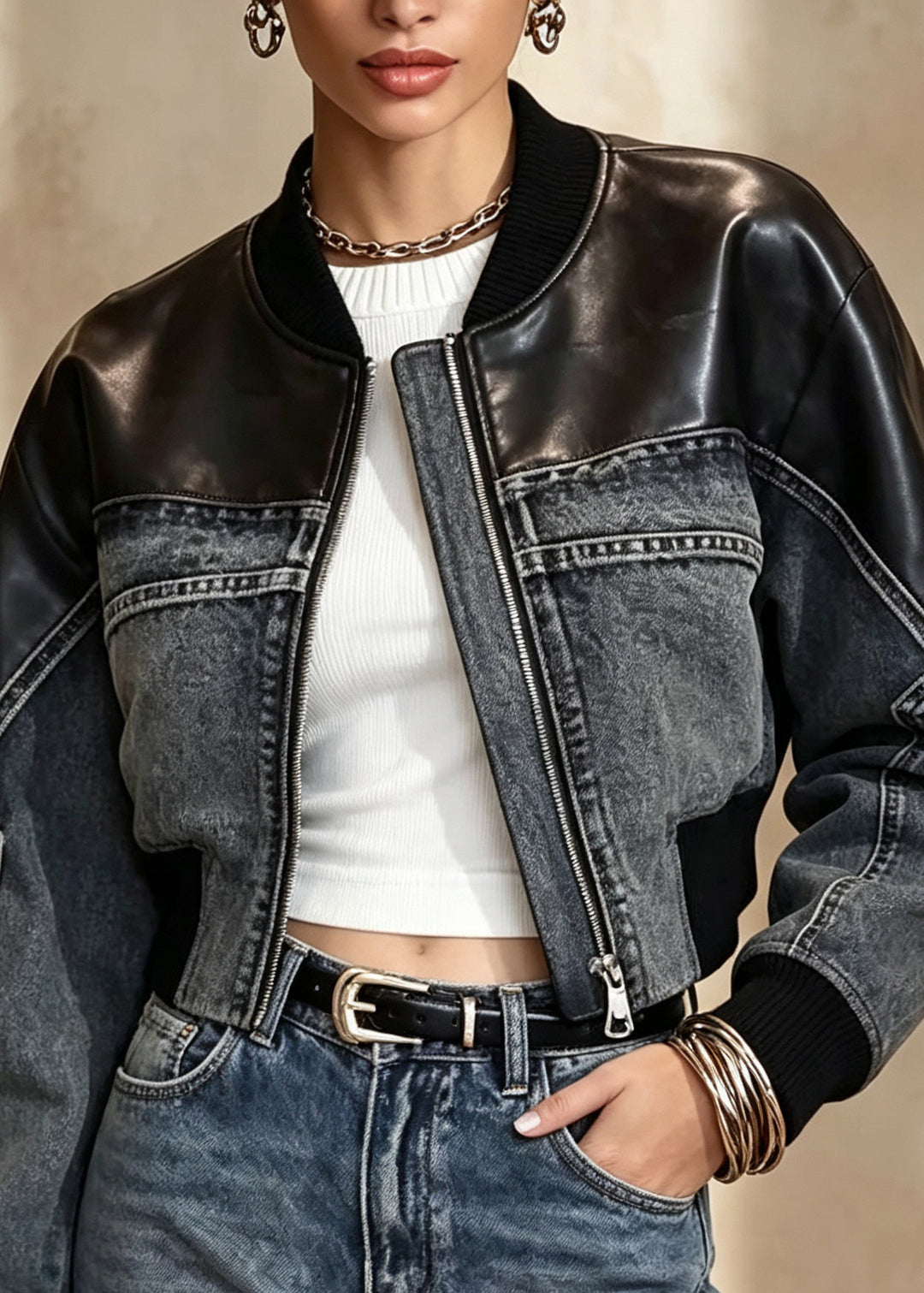 Stylish Zip Up Faux Leather Patchwork Denim Short Coats Fall