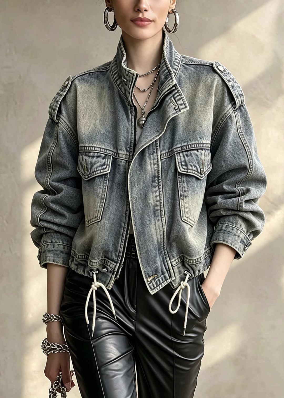 Stylish Zip Up Pockets Drawstring Patchwork Denim Jackets Fall