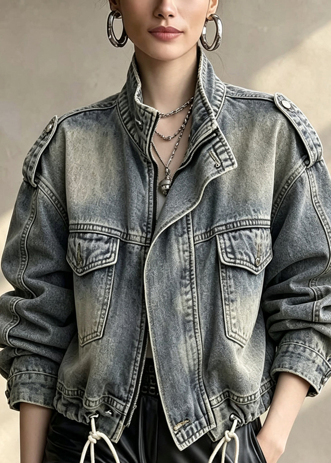 Stylish Zip Up Pockets Drawstring Patchwork Denim Jackets Fall