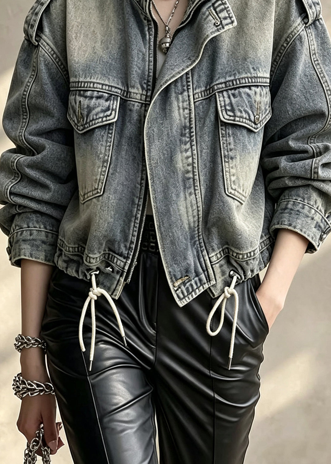 Stylish Zip Up Pockets Drawstring Patchwork Denim Jackets Fall