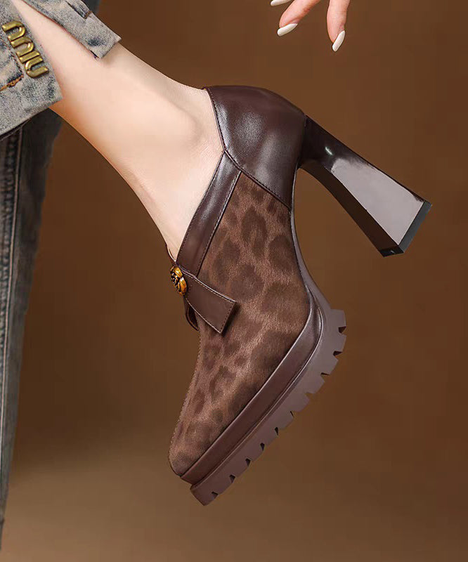 Stylish Zippered Splicing Chunky High Heels Brown Suede