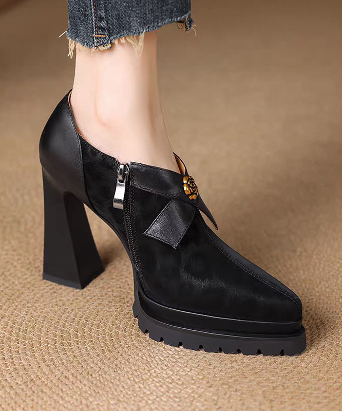 Stylish Zippered Splicing Chunky High Heels Brown Suede