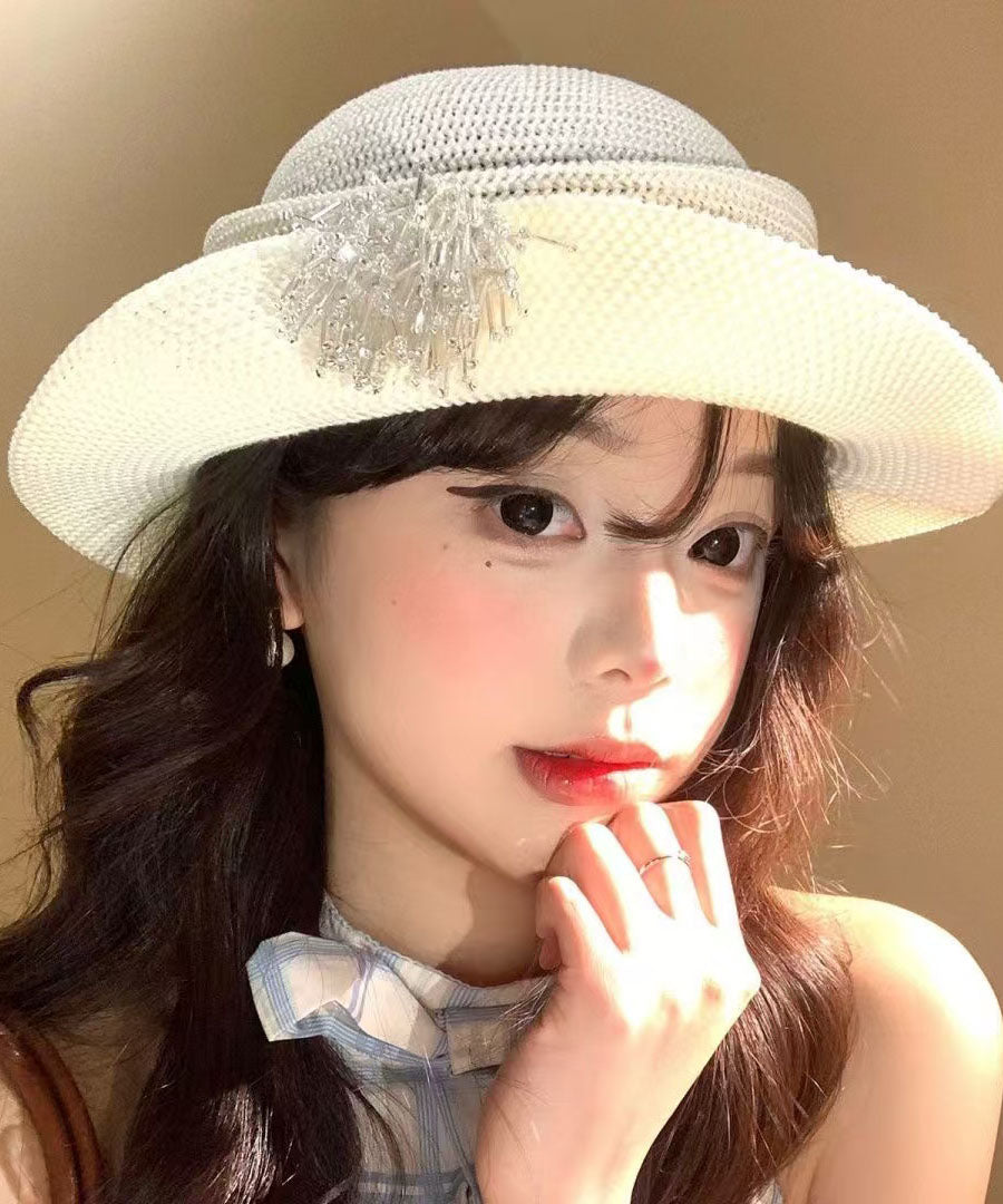 Summer Beige Thin Breathable Tassel Rolled Edge Bucket Hat