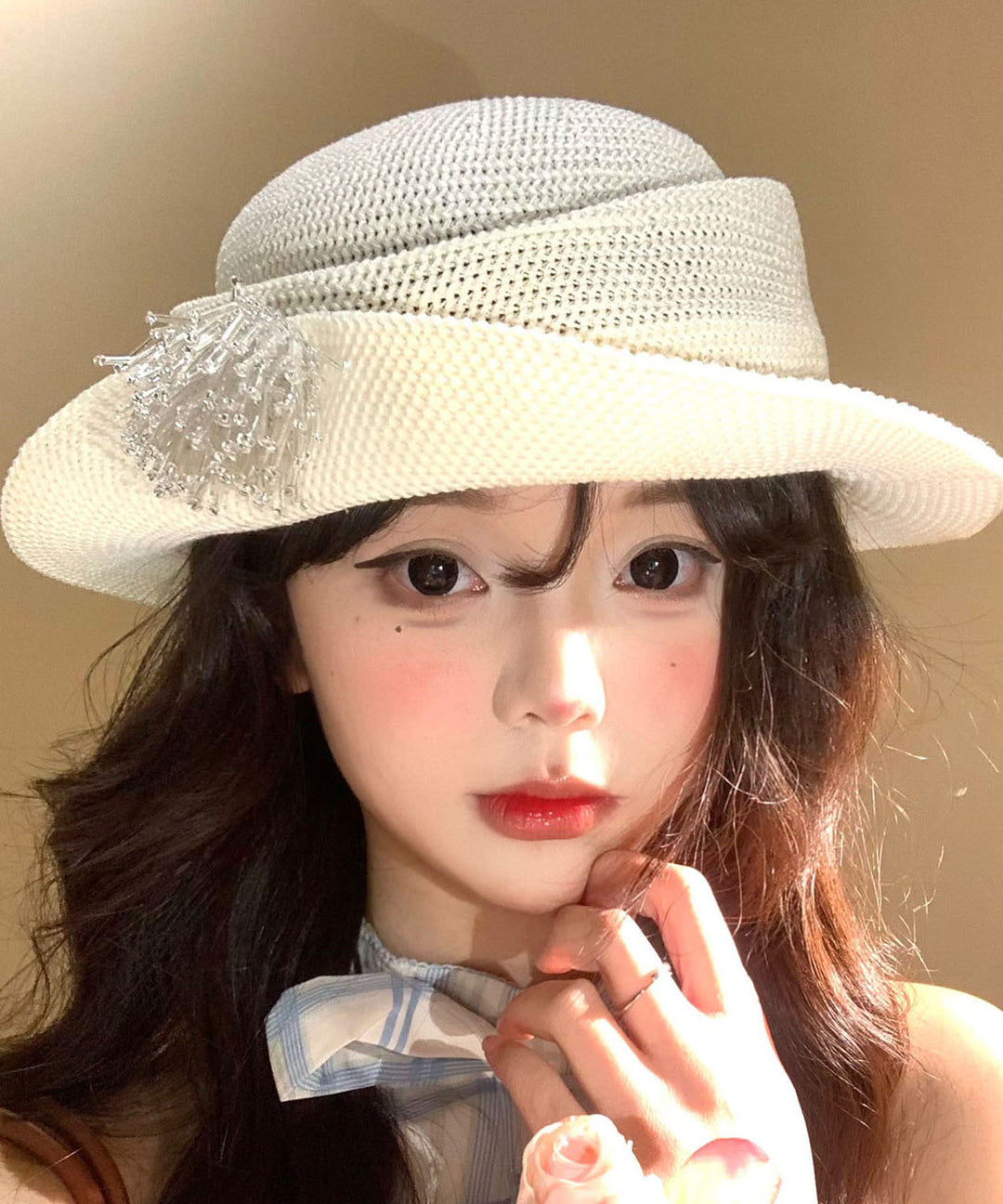 Summer Beige Thin Breathable Tassel Rolled Edge Bucket Hat