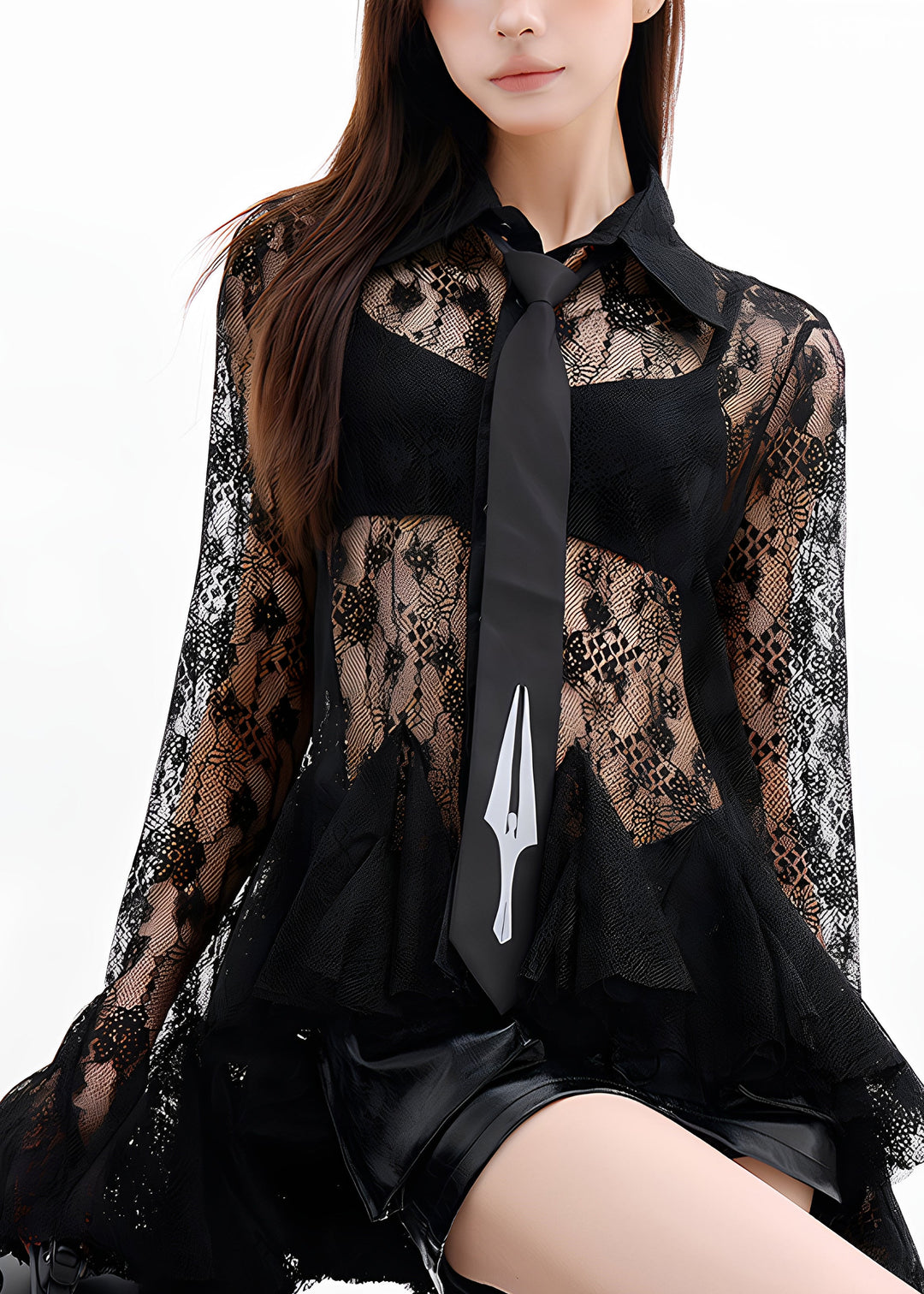 Summer Black Lace Hollow See Through Flared Sleeve Shirt