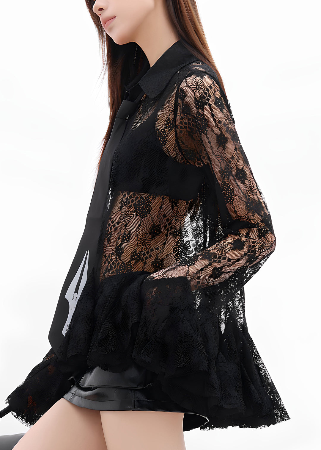 Summer Black Lace Hollow See Through Flared Sleeve Shirt