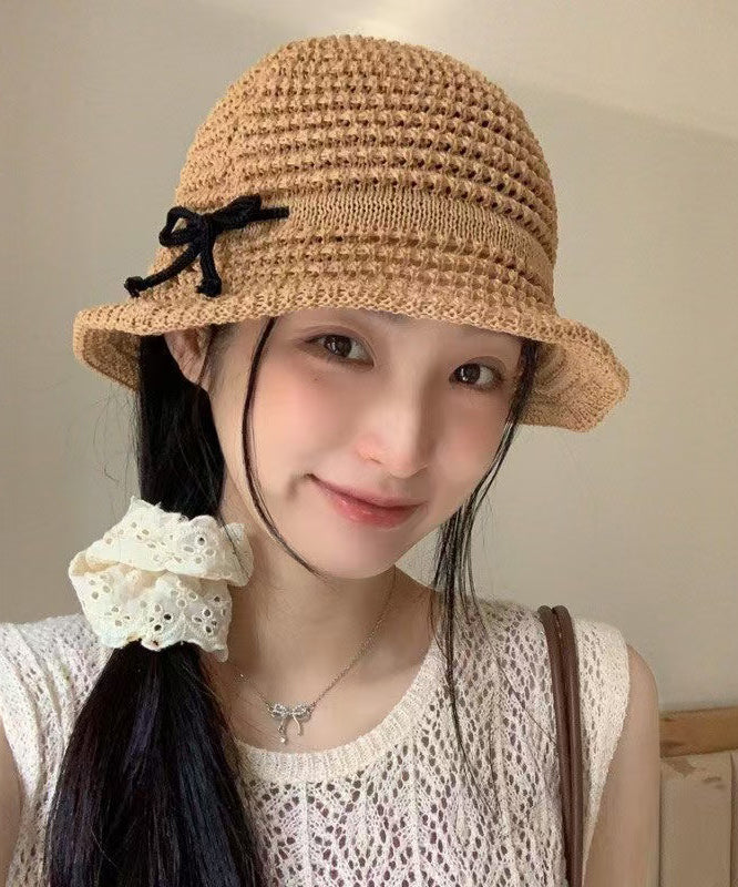 Summer Camel Hollow Bow Bow Large Eave Sunshade Bucket Hat