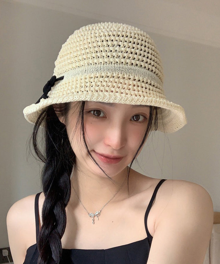 Summer Camel Hollow Bow Bow Large Eave Sunshade Bucket Hat