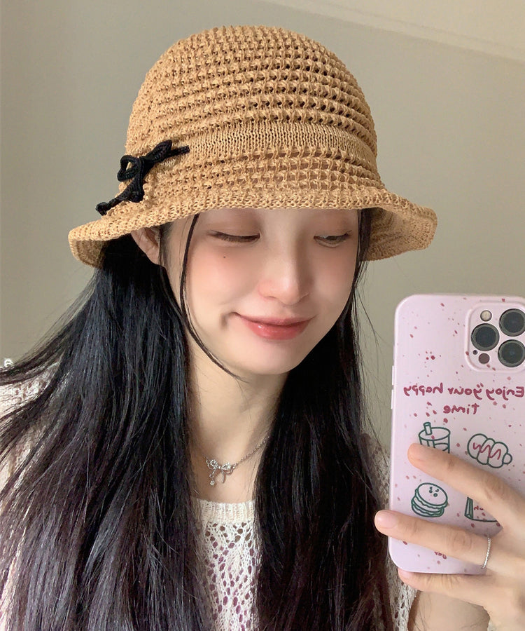 Summer Camel Hollow Bow Bow Large Eave Sunshade Bucket Hat
