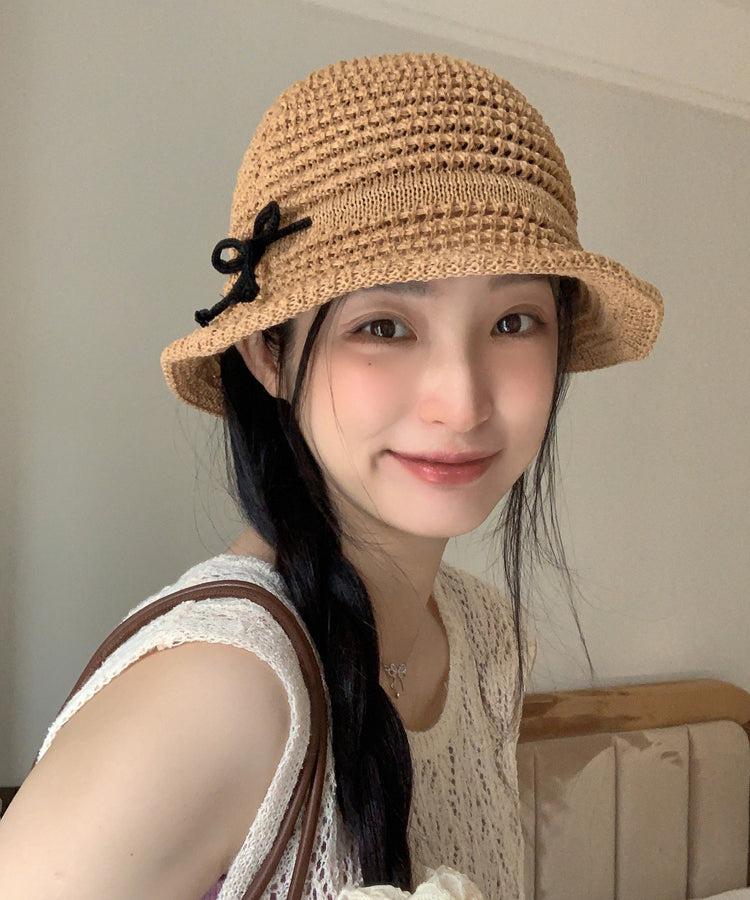 Summer Camel Hollow Bow Bow Large Eave Sunshade Bucket Hat