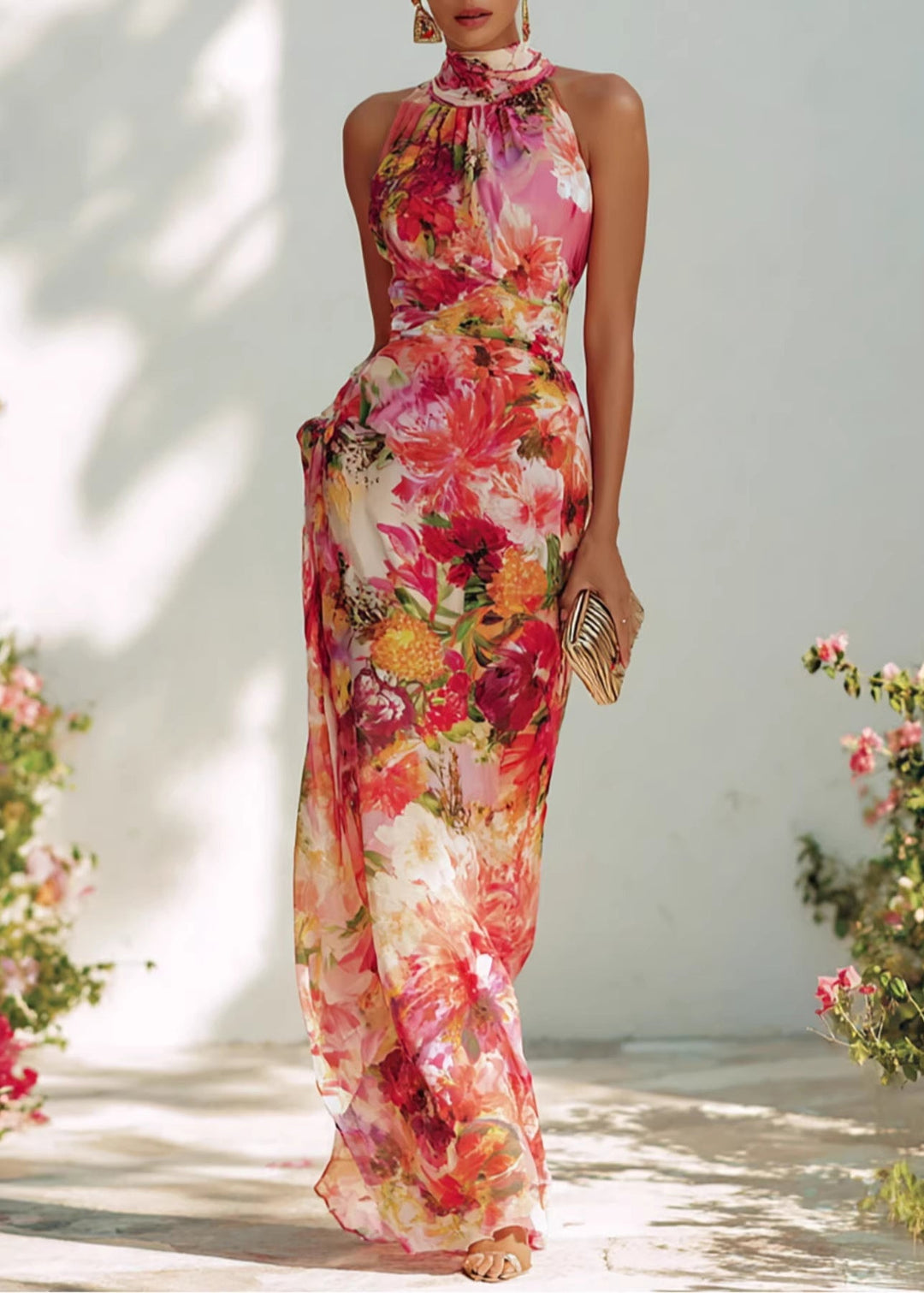 Summer French Style Elegant Print Hanging Neck Sleeveless Chiffon Dress
