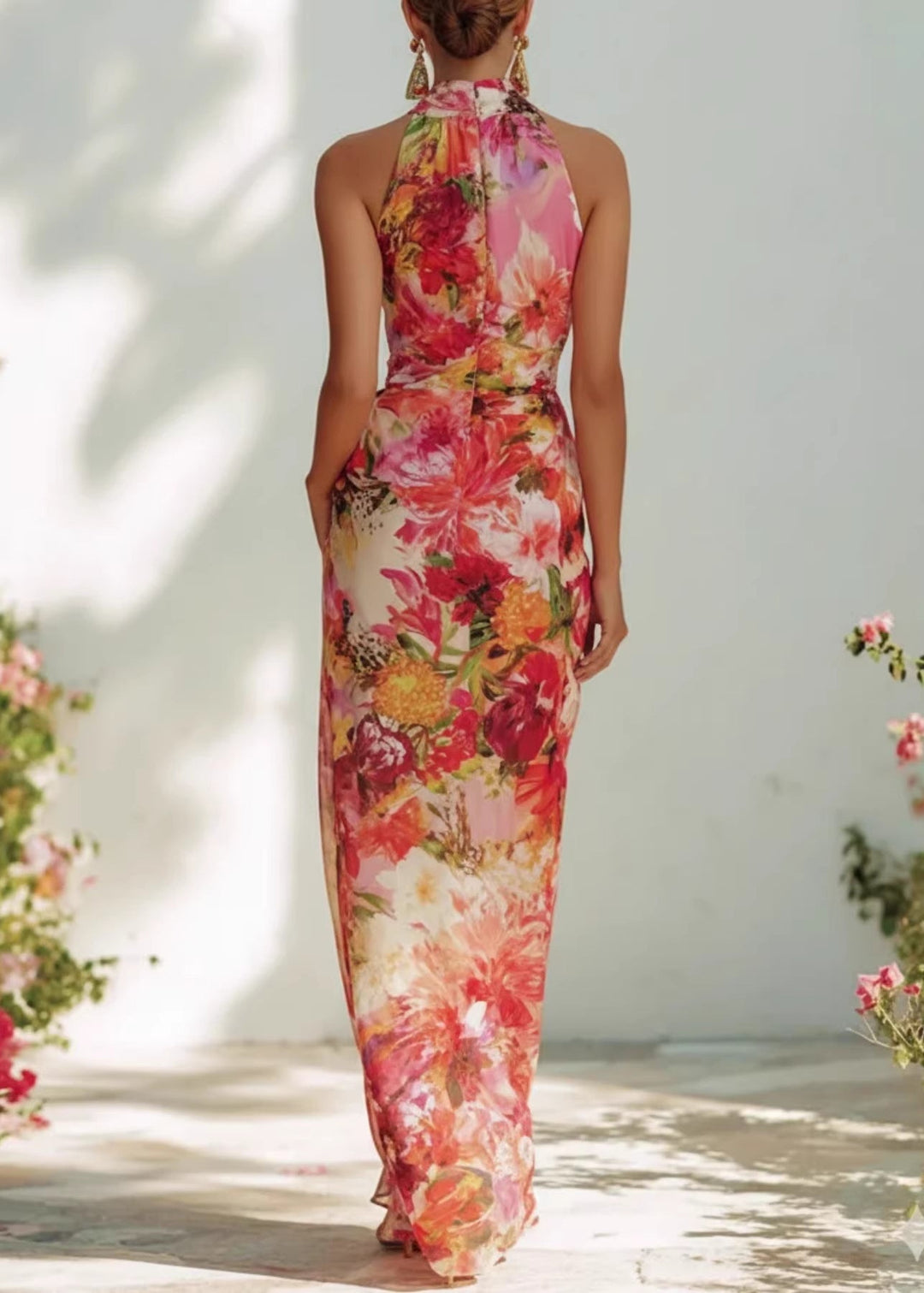Summer French Style Elegant Print Hanging Neck Sleeveless Chiffon Dress