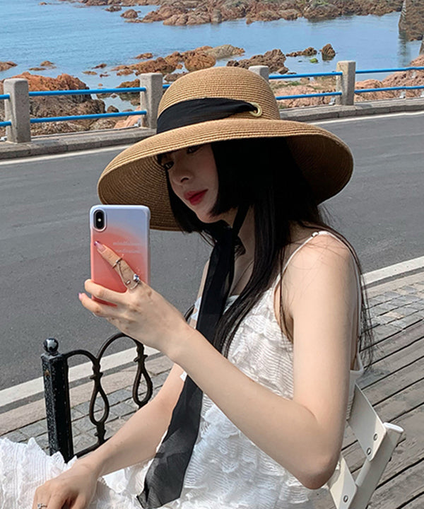 Summer French Style Khaki Versatile Straw Woven Sun Hat