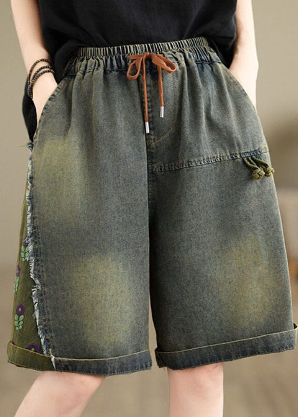 Summer Loose Casual Embroidered Elastic Waist Denim Shorts