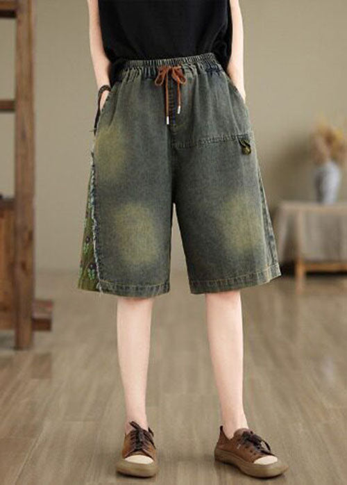 Summer Loose Casual Embroidered Elastic Waist Denim Shorts