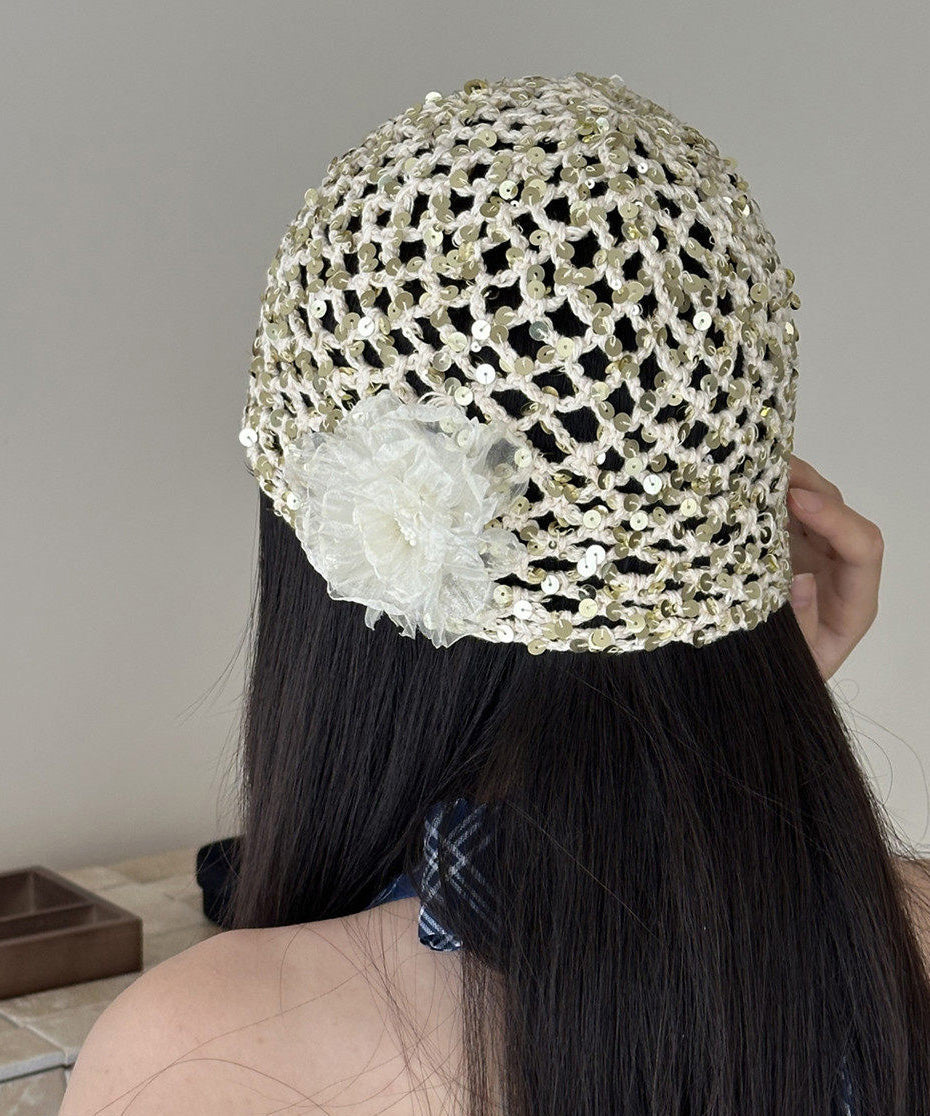 Summer New Hollow Out Sequin White Flower Knitted Boonie Hat