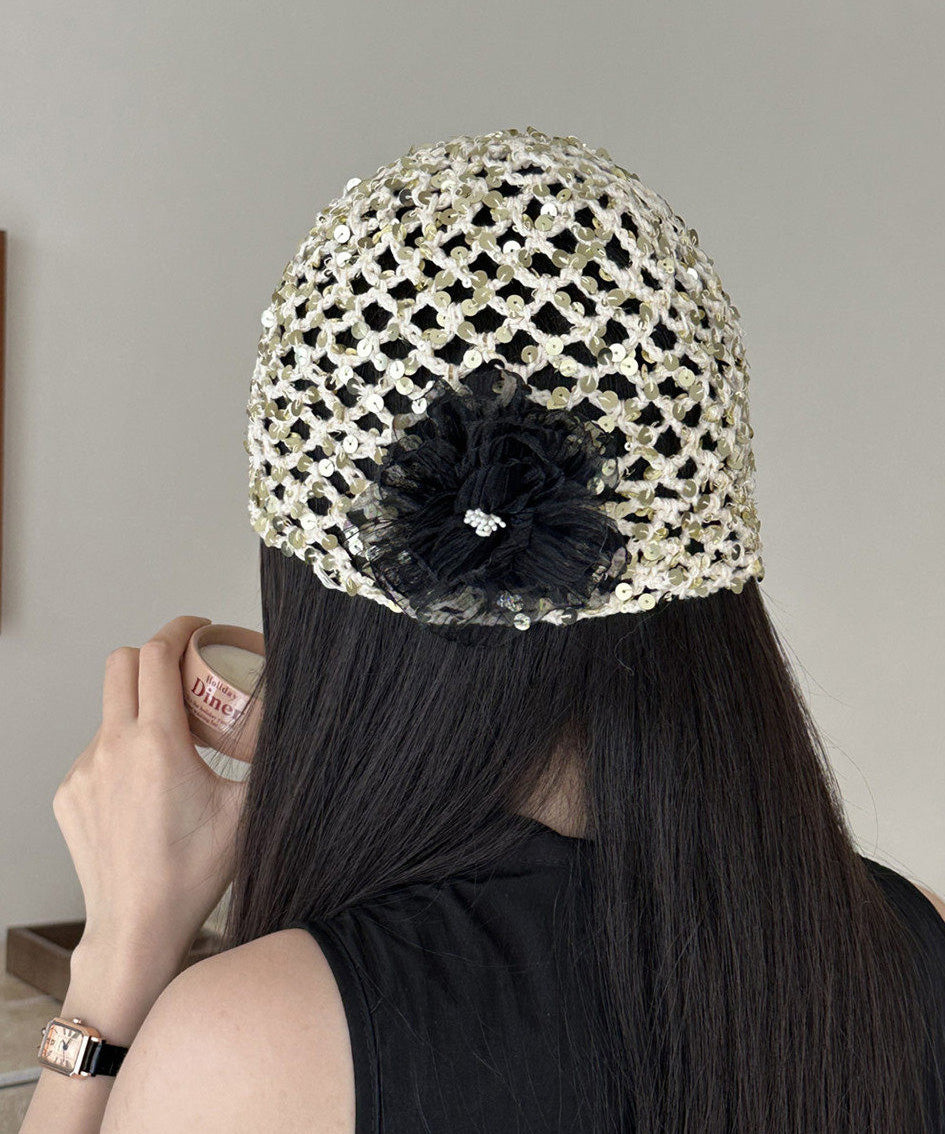 Summer New Hollow Out Sequin White Flower Knitted Boonie Hat