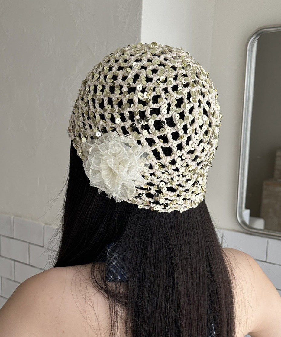 Summer New Hollow Out Sequin White Flower Knitted Boonie Hat
