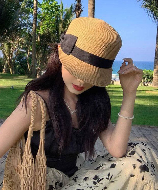 Summer New Khaki Bow Straw Woven Equestrian Hat